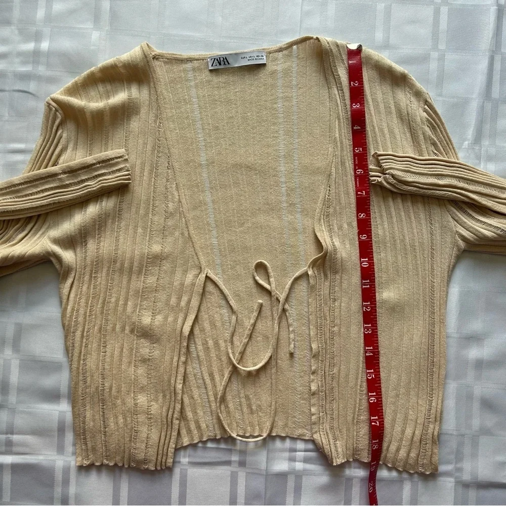 Zara Cream Stretch Loose Knit Tie Front Long Sleeve Cardigan Sweater - Picture 6 of 13